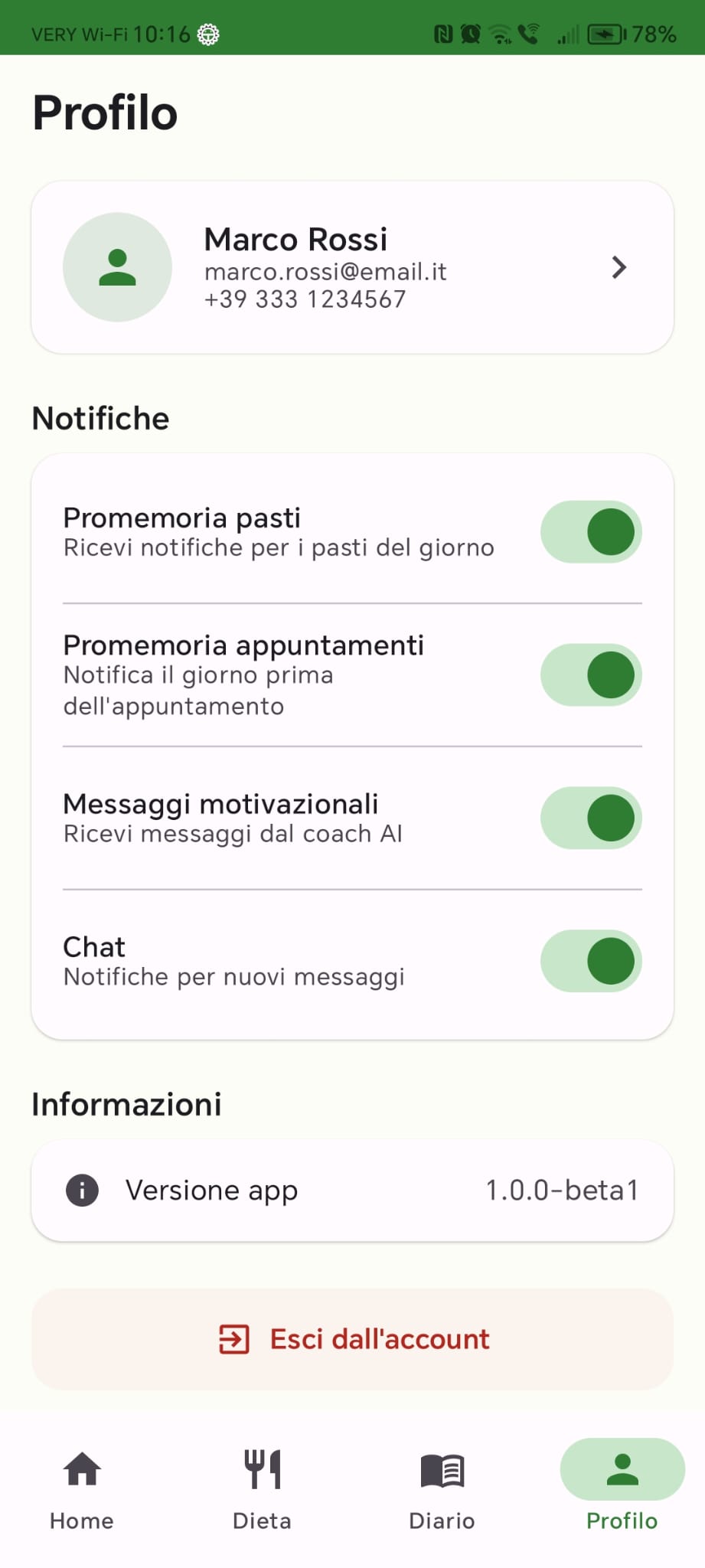 Profilo e impostazioni BenessereeVita